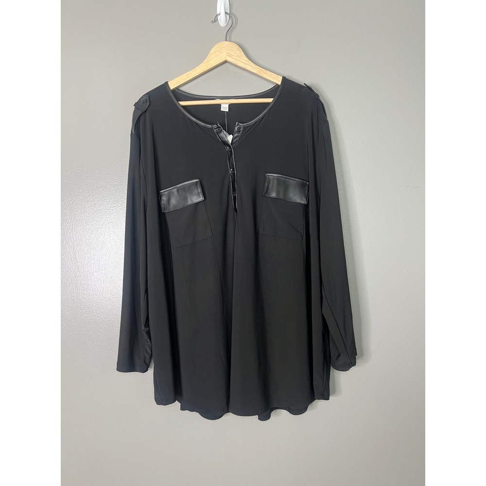 Cato Womens‎ Black Faux Leather Trim Henley Long Sleeve Blouse Plus Size 26/28W